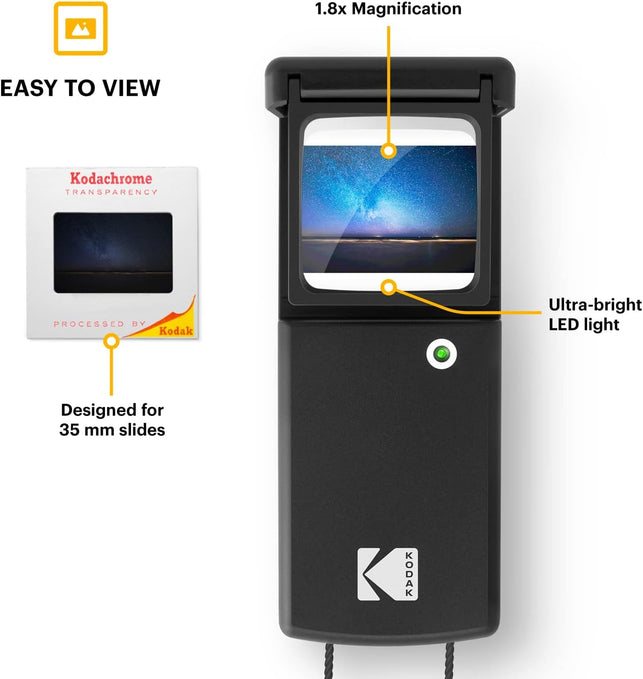 KODAK Magnifying Lighted Slide Viewer, Compact Portable 1.8X LED Backlight for Vintage 35Mm Film Slides, Battery Operated, Neck Lanyard Included