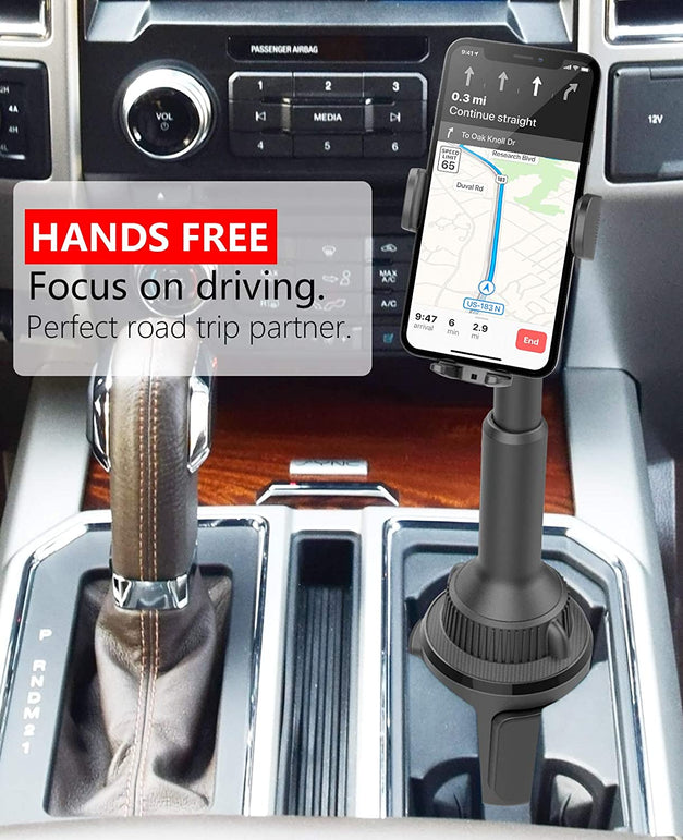 Apps2Car Solid Cup Holder Phone Mount for Car Truck with Quick Extension Long Arm Fast Swivel Adjustable Height 360 Rotatable, Low Profile Universal Mobile Mount Compatible with All Cell Phone Iphone