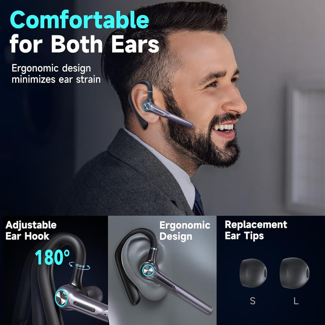 Bluetooth Headset Wireless Earpiece 60Hrs Playback Built-In Dual Mic Noise Canceling Wireless Headset Earphone with 400Mah LED Charging Case for Business Office Trucker