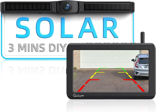 Erapta Solar Wireless Backup Camera with 4800Mah Battery, 3 Mins DIY Install, 7" 1080P Monitor, IR Night Vision IP69K Waterproof Rear View License Plate Reverse Cam for Cars Trucks Trailers RV ATYZX7