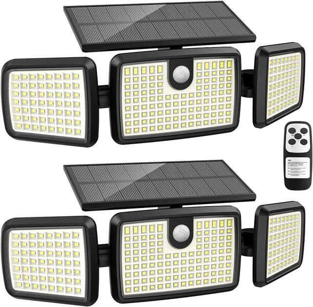 Solar Lights Outdoor, 3 Head Solar Motion Lights Outdoor with 2500LM 232 Leds High Brightness, Built-In Bigger Tempered Glass Solar Panel, Sensitive PIR Motion Inductor(2-Pack)