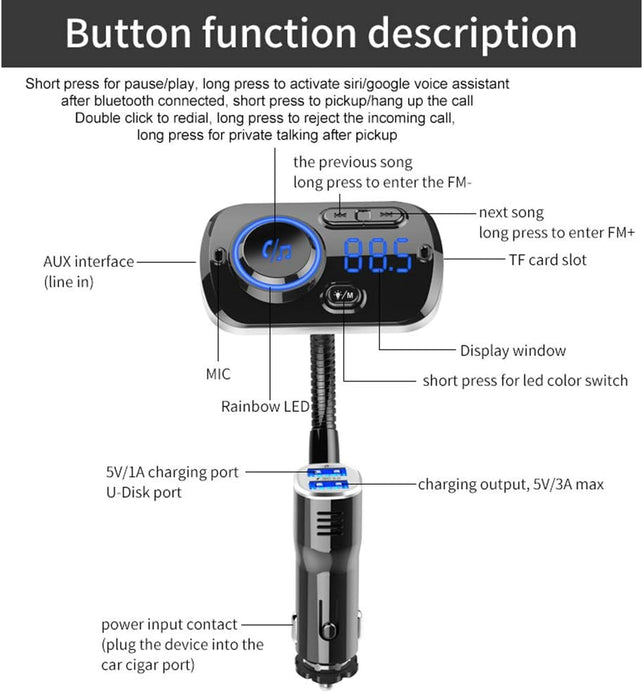 Car MP3 Player Supports TF Card and USB Car Charger QC3.0 Rainbow LED Hands Free Carkit Wireless In-Car Bluetooth FM Transmitter Radio Adapter