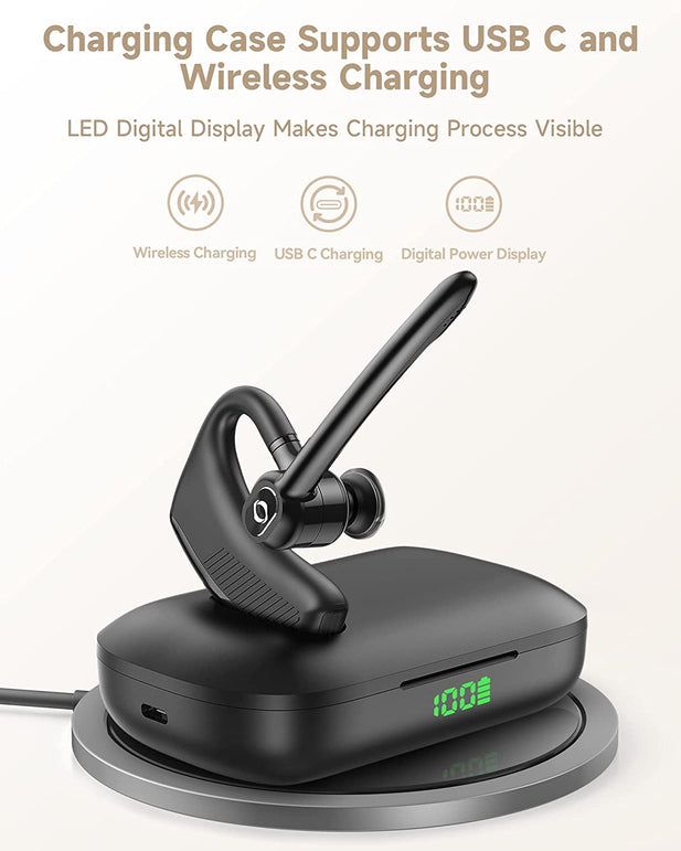 Bluetooth Headset Wireless Earpiece Microphone 180H Playtime 1000Mah Wireless Charging Case Handsfree over Ear Earphones LED Display for Iphone Ios Android Cell Phones PC Computer Trucker Drivers Work