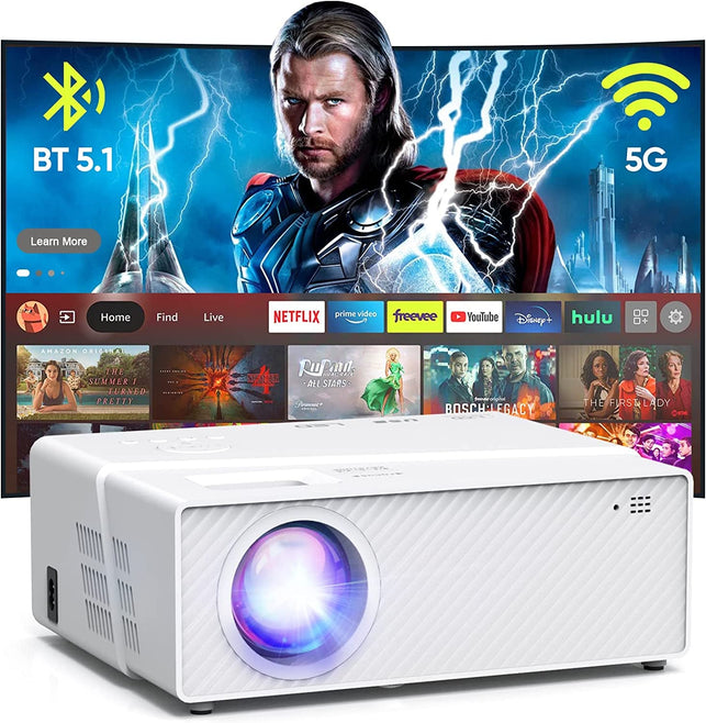 5G Wifi Bluetooth Projector with Screen, 450 ANSI Real Native 1080P 4K Outdoor Projector for Theater Movies, Synchronize Smartphone, Compatible W/TV Stick/Hdmi/Ps4/Console [120'' Screen Included] - The Gadget Collective