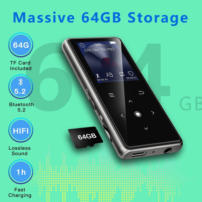 64GB MP3 Player, Music Player with 64GB MP3 Player with Bluetooth 5.2, Aimoonsa Music Player with Built-In HD Speaker, FM Radio, Voice Recorder, Hifi Sound, E-Book Function, Earphones Included - The Gadget Collective