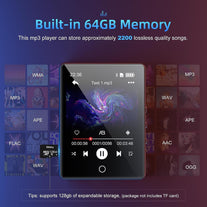 64GB Mp3 Player with Bluetooth 5.0, 2.8" Full Touch Screen Mp4 Music Player, Portable Digital Lossless Media Player with FM Radio Speaker for Kids, up to 128GB, Protective Case Headphones Included - The Gadget Collective
