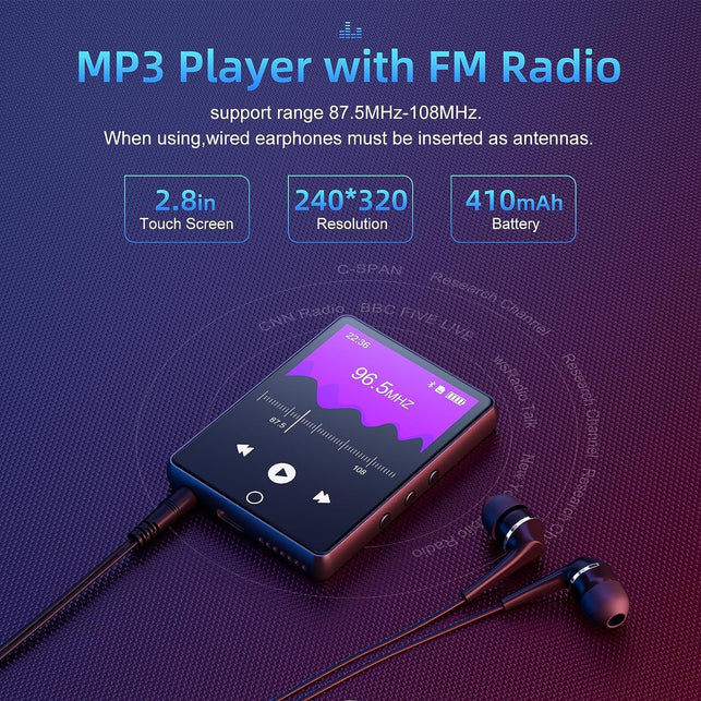 64GB Mp3 Player with Bluetooth 5.0, 2.8" Full Touch Screen Mp4 Music Player, Portable Digital Lossless Media Player with FM Radio Speaker for Kids, up to 128GB, Protective Case Headphones Included - The Gadget Collective