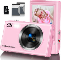 Digital Camera, Saneen FHD Kids Cameras for Photography, 4K 44MP Compact Point and Shoot Camera for Kids, Teens & Beginners with 32GB SD Card,16X Digital Zoom, 2 Rechargeable Batteries-Pink