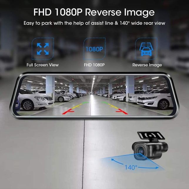 10'' Full HD Touch Screen Rear View Mirror Dash Cam - Front and Rear Camera with Loop Recording, G-Sensor, Parking Monitor, 170° Wide Angle