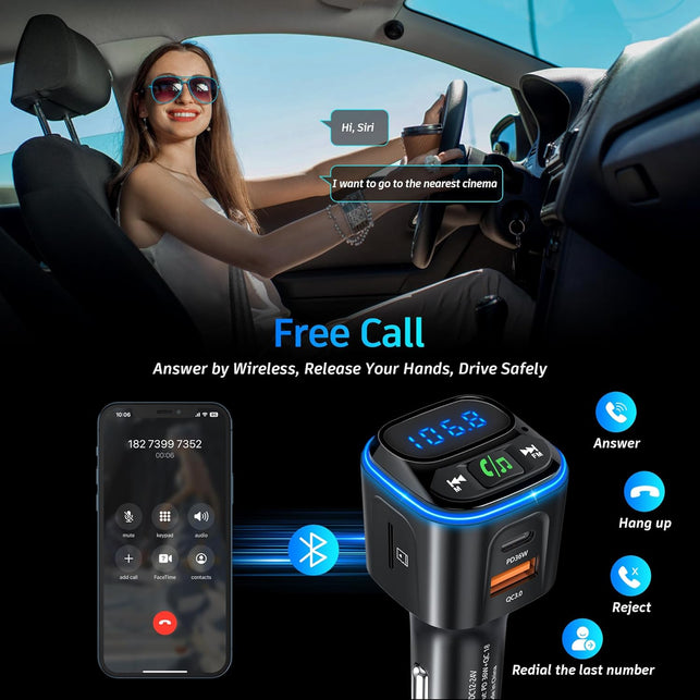 SONRU Bluetooth 5.3 FM Transmitter Car Adapter [PD36W & QC18W] [Fast Charging] Wireless Radio Adapter Hifi Bass Sound Hands-Free Calling LED Display with Light Switch Support Bluetooth/U Disk/Tf Card