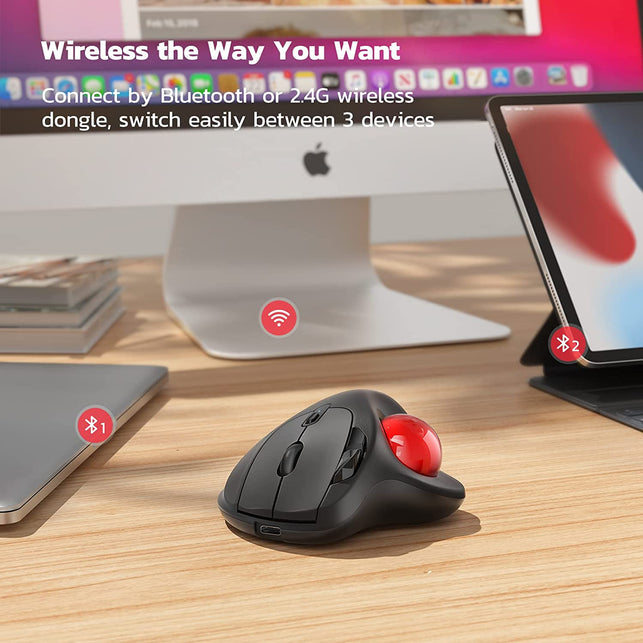 Nulea M501 Wireless Trackball Mouse, Rechargeable Ergonomic, Easy Thumb Control, Precise & Smooth Tracking, 3 Device Connection (Bluetooth or USB), Compatible for PC, Laptop, Ipad, Mac, Windows.