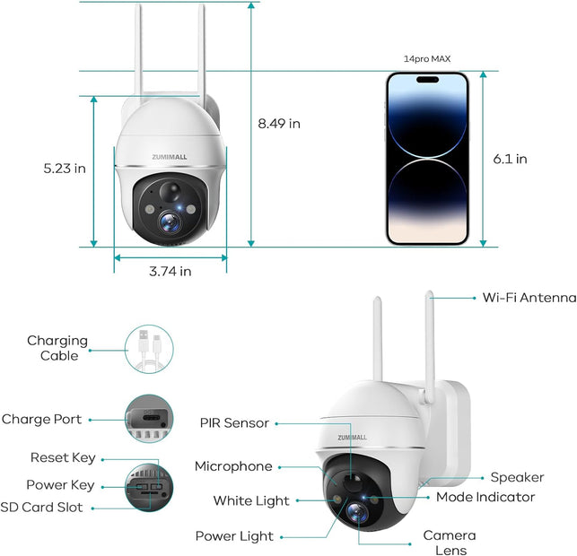 ZUMIMALL Security Cameras Wireless Outdoor Wifi with 360° PTZ, 2K Battery Powered Cameras for Home Surveillance, Spotlight & Siren/Pir Detection/3Mp Color Night Vision/2-Way Talk/Ip66/Cloud/Sd