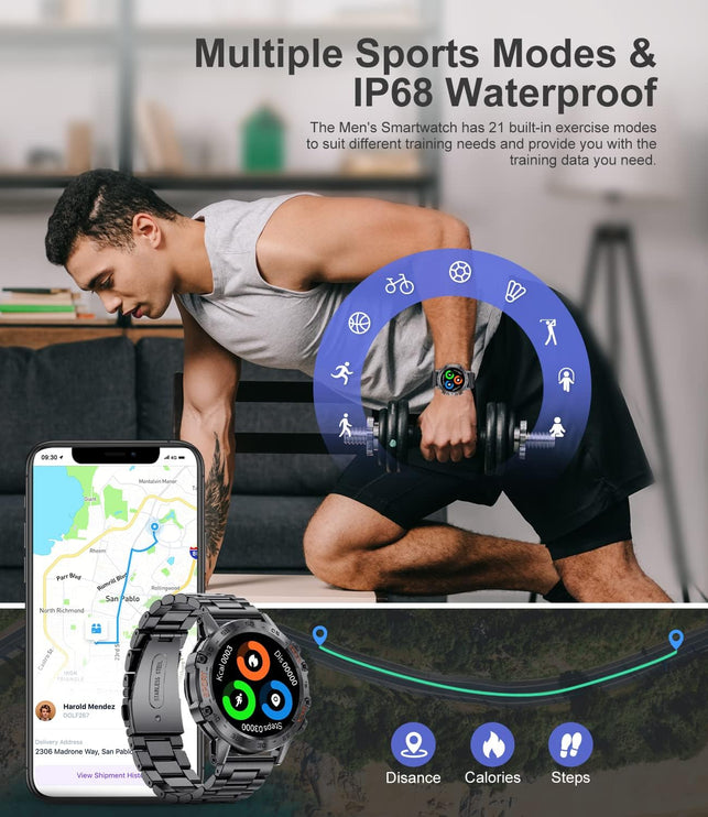 Military Smart Watch for Men(Answer/Dial Calls),100 Sports Modes, 5ATM Waterproof Fitness Watch with Heart Rate/Spo2/Blood Pressure for Android and Ios,1.39''Hd DIY Screen Smartwatch Black