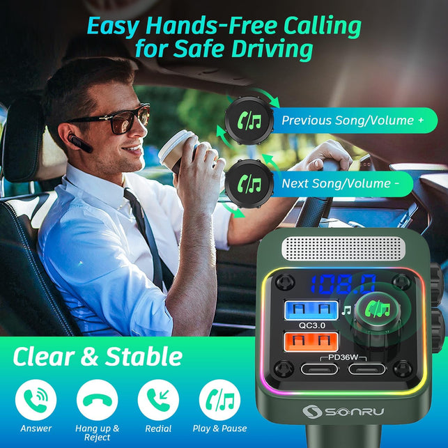 Bluetooth 5.3 FM Transmitter Car Adapter - SONRU Car Charger 54W [PD 36W & QC3.0 18W], Wireless FM Radio Transmitter [Hifi Treble & Bass Player], 5 Colors LED Backlit, Hands-Free Calling, U-Disk
