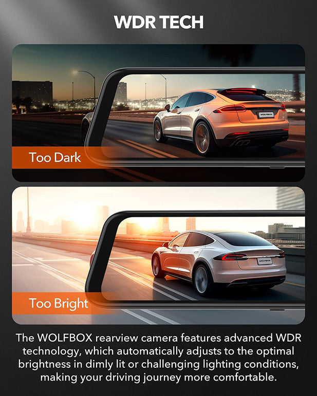 WOLFBOX 12" 4K Rear View Mirror Camera, Smart Full Touch Screen Mirror Dash Cam Front and Rear, Backup Camera with 1080P Rear Camera, Dash Cam with WDR Camera,Night Vision,Free 64GB Card & GPS
