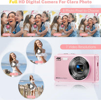 Digital Camera, Saneen FHD Kids Cameras for Photography, 4K 44MP Compact Point and Shoot Camera for Kids, Teens & Beginners with 32GB SD Card,16X Digital Zoom, 2 Rechargeable Batteries-Pink