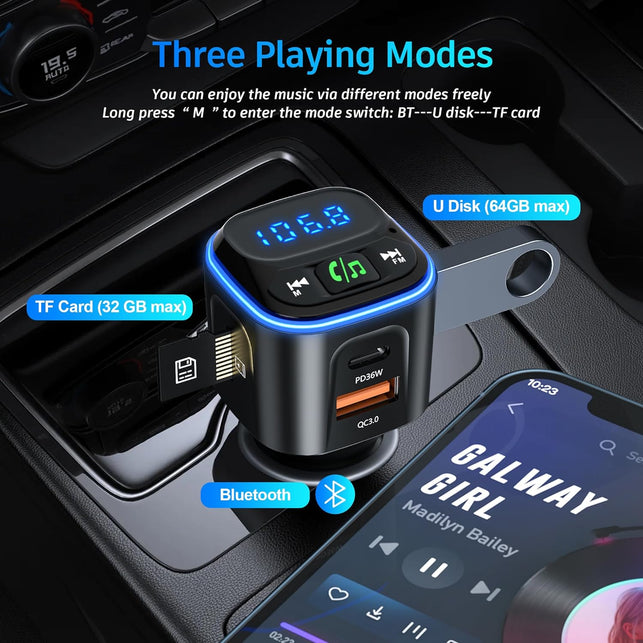 SONRU Bluetooth 5.3 FM Transmitter Car Adapter [PD36W & QC18W] [Fast Charging] Wireless Radio Adapter Hifi Bass Sound Hands-Free Calling LED Display with Light Switch Support Bluetooth/U Disk/Tf Card