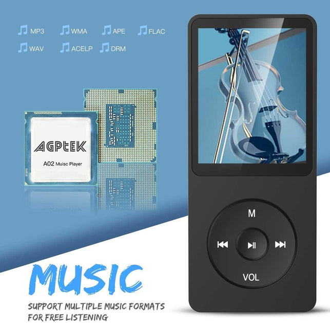 AGPTEK 8GB MP3 Player, A02 70 Hours Playback Lossless Sound Music Player (Supports up to 128GB), Black - The Gadget Collective