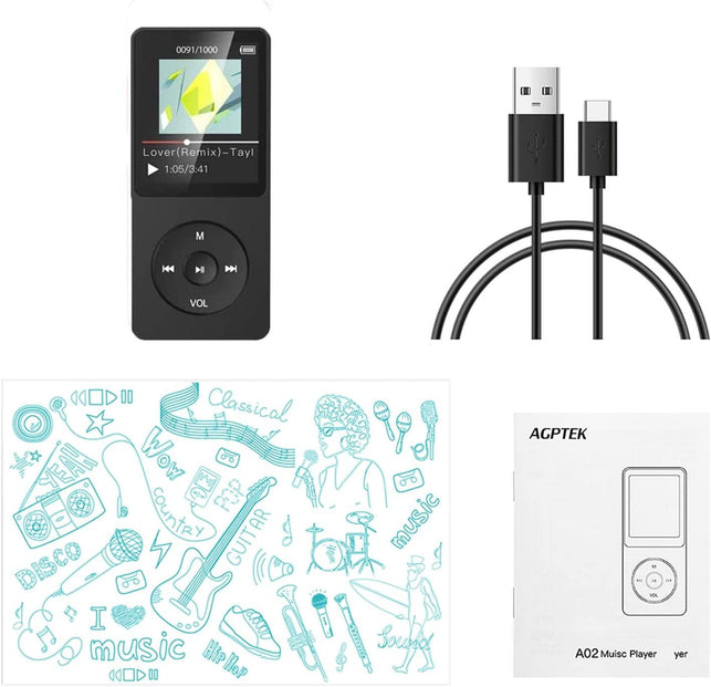 AGPTEK 8GB MP3 Player, A02 70 Hours Playback Lossless Sound Music Player (Supports up to 128GB), Black - The Gadget Collective