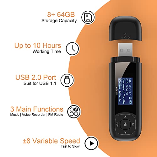 AGPTEK U3 USB Stick Mp3 Player, 8GB Music Player Supports Replaceable AAA Battery, Recording, FM Radio, Expandable Up to 64GB, Black - The Gadget Collective