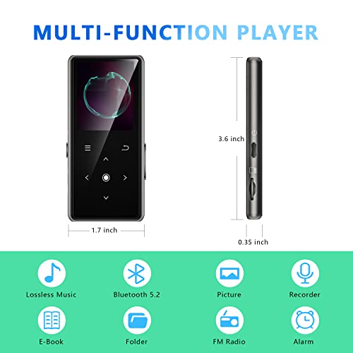 AiMoonsa 64GB MP3 Player with Bluetooth 5.2, AiMoonsa Music Player with Built-in HD Speaker, FM Radio, Voice Recorder, HiFi Sound, E-Book Function, Earphones Included - The Gadget Collective