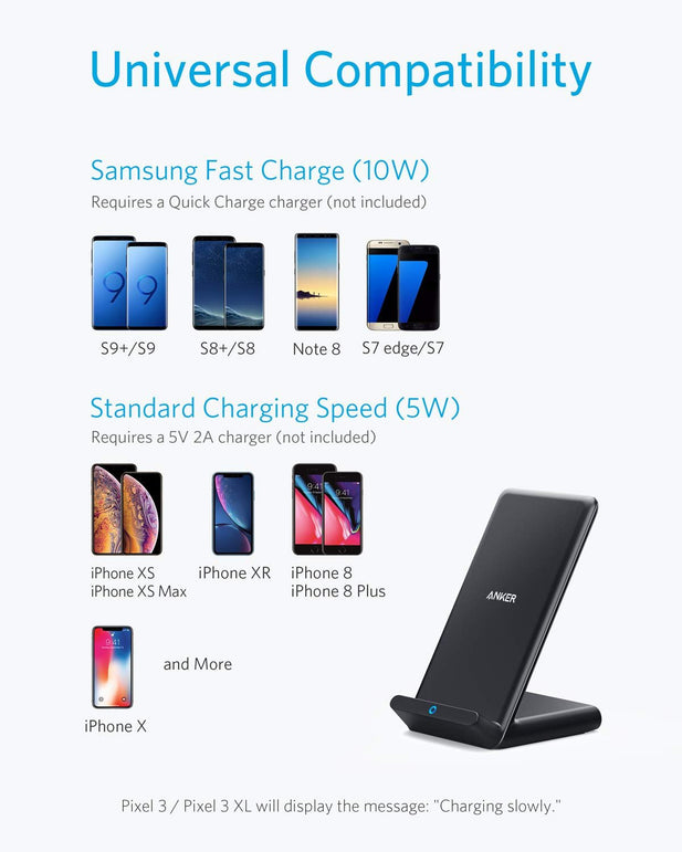Anker Fast Wireless Charger, 10W Wireless Charging Stand, Qi-Certified, Compatible iPhone XR/Xs Max/XS/X/8/8 Plus, Fast-Charging Galaxy S10/S9/S9+/S8/ - The Gadget Collective