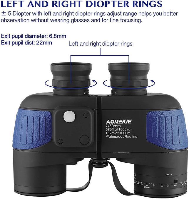 AOMEKIE Marine Binoculars Low Light Night Vision for Adults 7X50 Military Waterproof Fogproof with Compass Rangefinder BAK4 Prism Lens for Navigation - The Gadget Collective