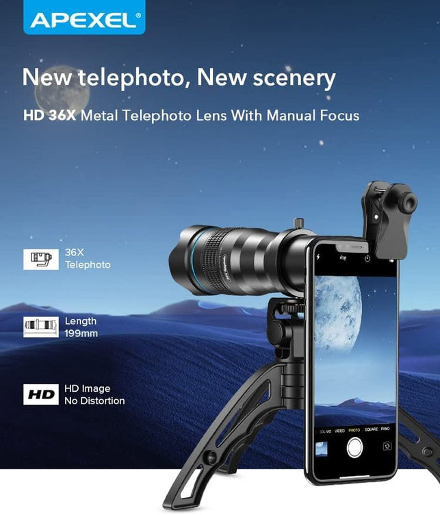 Apexel High Power 36X HD Telephoto Lens with Phone Tripod for Iphone Samsung Pixel One plus Huawei Lens Attachment - The Gadget Collective