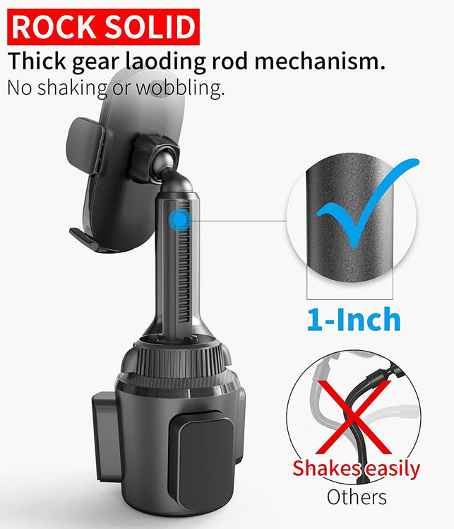 Apps2Car Solid Cup Holder Phone Mount for Car Truck with Quick Extension Long Arm Fast Swivel Adjustable Height 360 Rotatable, Low Profile Universal Mobile Mount Compatible with All Cell Phone Iphone - The Gadget Collective