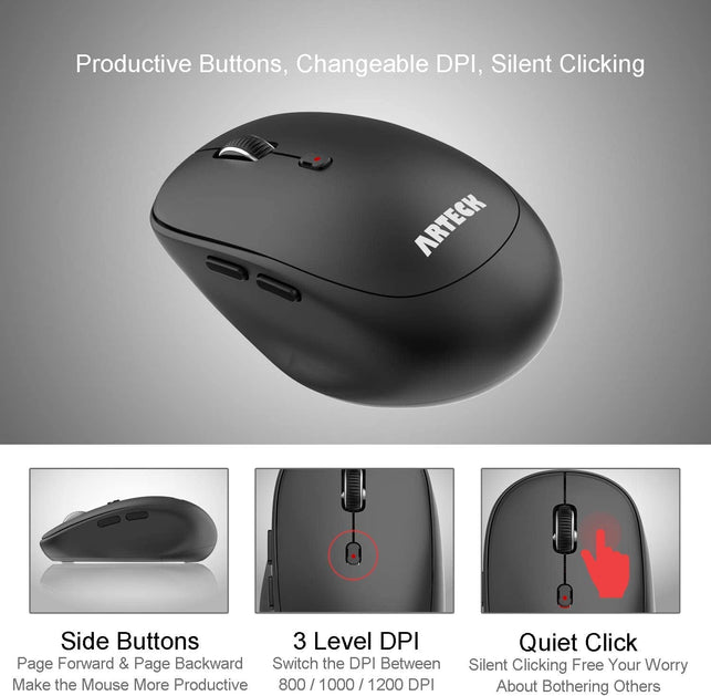 Arteck 2.4G Wireless Keyboard and Mouse Combo Ultra Compact Slim Stainless Full Size Keyboard and Ergonomic Mouse for Computer/Desktop/Pc/Laptop and Windows 10/8/7 Build in Rechargeable Battery - The Gadget Collective