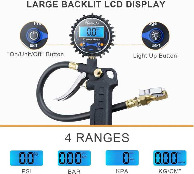 Astroai Digital Tire Pressure Gauge with Inflator, 250 PSI Air Chuck and Compressor Accessories Heavy Duty with Quick Connect Coupler, 0.1 Display Resolution, Car Accessories for SUV, Truck, RV - The Gadget Collective