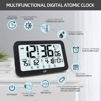Atomic Clock with Backlight, Atomic Alarm Clock with Indoor Temperature and Humidity, Battery Operated, USB Charger, Wall Clock or Desk Clock for Bedroom, Living Room, Office - The Gadget Collective