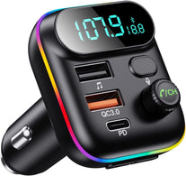 Bluetooth Adapter for Car, Wireless FM Radio Transmitter, Wireless Bluetooth 5.0, MP3 Music Player, QC3.0 + PD 20W USB Car Charger, 7 Colors LED Backlit