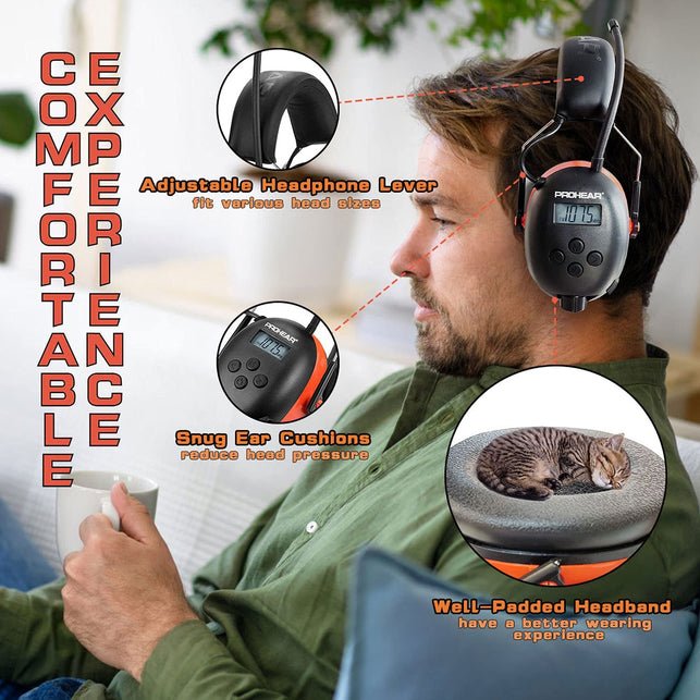 PROHEAR 027 AM FM Radio Headphones with Digital Display, 25Db NRR, Safety Ear Protection Earmuffs for Mowing, Snowblowing, Construction, Work Shops - Orange