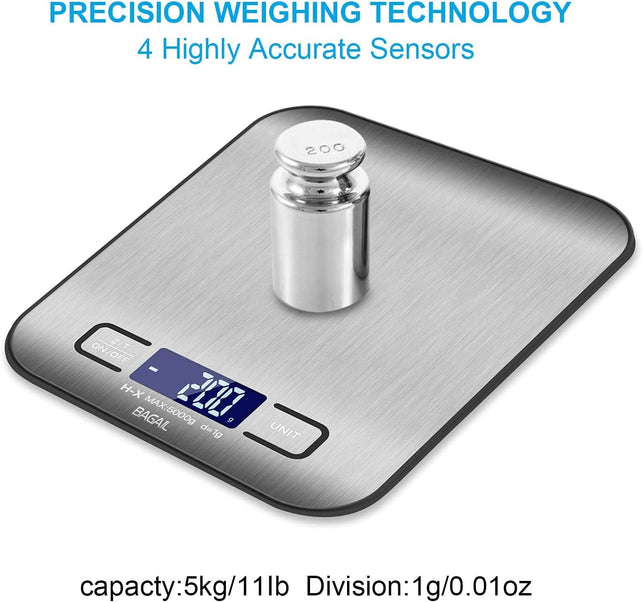 BAGAIL BASICS Digital Kitchen Scale, Premium Stainless Steel Food Scales Weight Grams and Oz for Baking and Cooking,11Lb/5Kg with 0.1Oz/1G Precision - The Gadget Collective