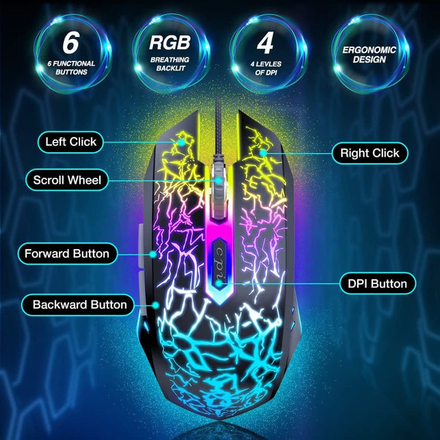 BENGOO Gaming Mouse Wired, USB Optical Computer Mice with RGB Backlit, 4 Adjustable DPI up to 3600, Ergonomic Gamer Laptop PC Mouse with 6 Programmable Buttons for Windows 7/8/10/XP Vista Linux -Black - The Gadget Collective