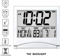 Betus Digital Travel Alarm Clock - Foldable Calendar Temperature Timer LCD Clock with Snooze Mode - Large Number Display, Battery Operated - Compact Desk Clock for All Ages (Silver, No Backlight) - The Gadget Collective