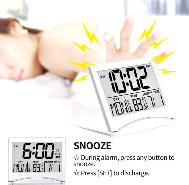 Betus Digital Travel Alarm Clock - Foldable Calendar Temperature Timer LCD Clock with Snooze Mode - Large Number Display, Battery Operated - Compact Desk Clock for All Ages (Silver, No Backlight) - The Gadget Collective