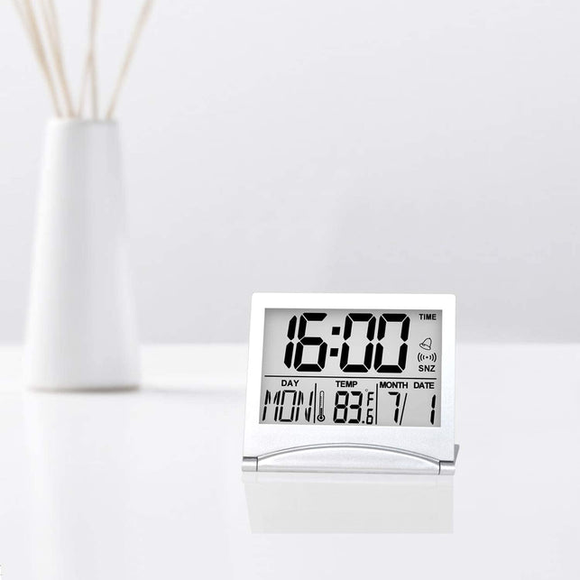 Betus Digital Travel Alarm Clock - Foldable Calendar Temperature Timer LCD Clock with Snooze Mode - Large Number Display, Battery Operated - Compact Desk Clock for All Ages (Silver, No Backlight) - The Gadget Collective