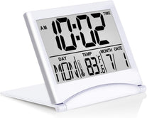 Betus Digital Travel Alarm Clock - Foldable Calendar Temperature Timer LCD Clock with Snooze Mode - Large Number Display, Battery Operated - Compact Desk Clock for All Ages (Silver, No Backlight) - The Gadget Collective