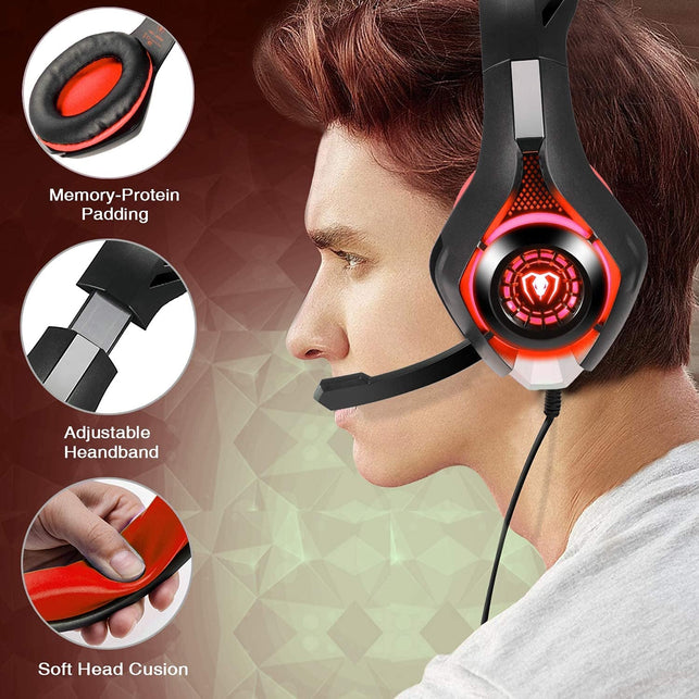 Bluefire Stereo Gaming Headset for Playstation 4 PS4, Over-Ear Headphones with Mic and LED Lights for PS5, Xbox One, PC, Laptop(Red) - The Gadget Collective