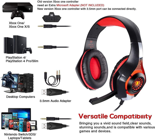 Bluefire Stereo Gaming Headset for Playstation 4 PS4, Over-Ear Headphones with Mic and LED Lights for PS5, Xbox One, PC, Laptop(Red) - The Gadget Collective