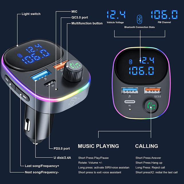 Bluetooth 5.3 FM Transmitter for Car Radio [Upgraded], SOARUN Bluetooth Car Adapter [PD 20W+QC 3.0] [Large LCD Screen], Supports Handsfree Call Siri Google Assistant U Disk, 7 Color LED Backlit - The Gadget Collective