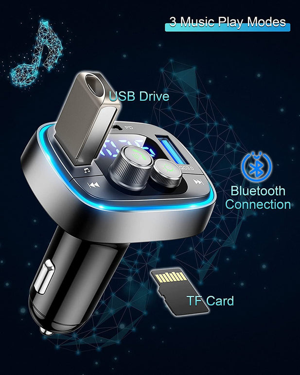 Bluetooth Adapter for Car, Wireless FM Radio Transmitter, LIHAN Handsfree Calling & Audio Receiver, MP3 Music Player, QC3.0 & Type-C PD USB Car Charger,7 Colors LED Backlit - The Gadget Collective