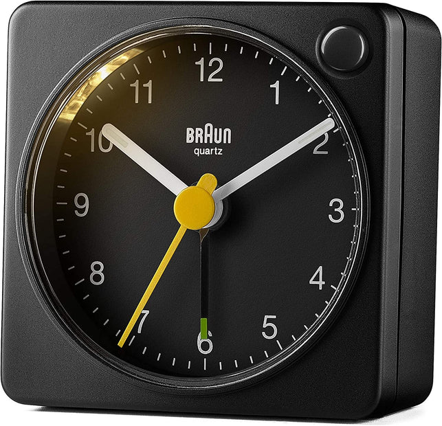 Braun Classic Travel Analogue Clock with Snooze and Light, Compact Size, Quiet Quartz Movement, Crescendo Beep Alarm in Black, Model BC02XB, One - The Gadget Collective