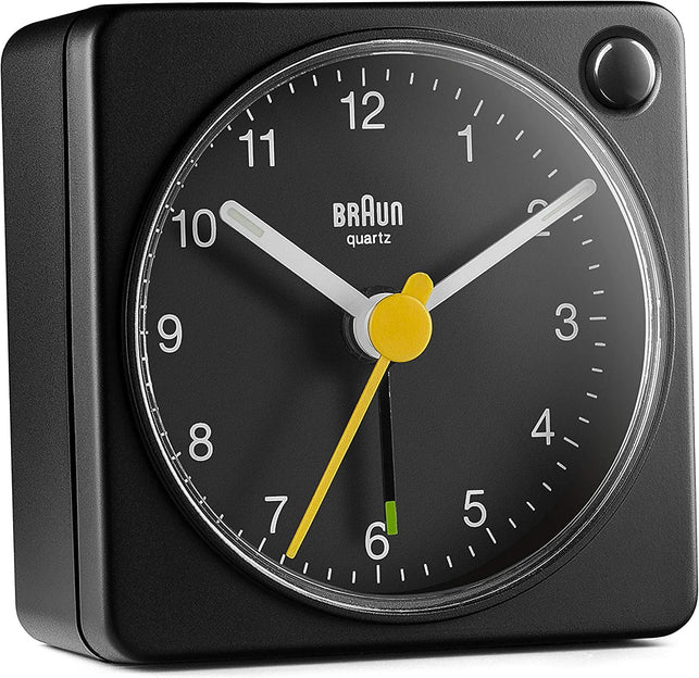 Braun Classic Travel Analogue Clock with Snooze and Light, Compact Size, Quiet Quartz Movement, Crescendo Beep Alarm in Black, Model BC02XB, One - The Gadget Collective