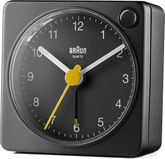 Braun Classic Travel Analogue Clock with Snooze and Light, Compact Size, Quiet Quartz Movement, Crescendo Beep Alarm in Black, Model BC02XB, One - The Gadget Collective