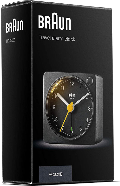 Braun Classic Travel Analogue Clock with Snooze and Light, Compact Size, Quiet Quartz Movement, Crescendo Beep Alarm in Black, Model BC02XB, One - The Gadget Collective