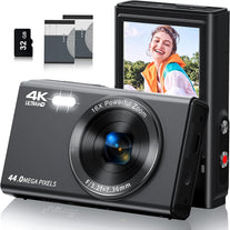 Digital Camera, Saneen FHD Kids Cameras for Photography, 4K 44MP Compact Point and Shoot Camera for Kids, Teens & Beginners with Flash, 32GB SD Card,16X Digital Zoom - Black