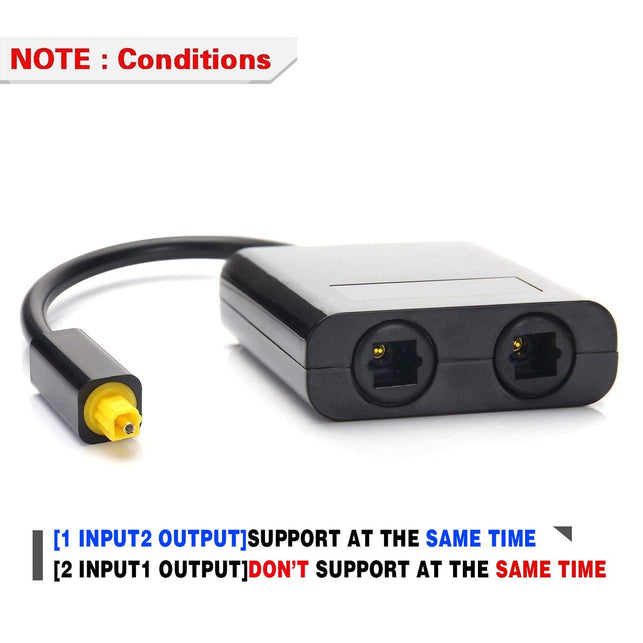 Cablecc Dual Port Toslink Digital Optical Audio Splitter Adapter Fiber Optic Audio Cable 1 in 2 Out Black - The Gadget Collective